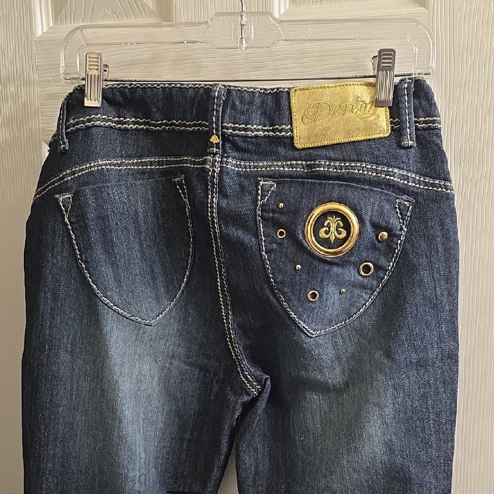 Dereon by Beyonce Dark Blue Boot Cut Jeans with Gold Accent Size 9/10